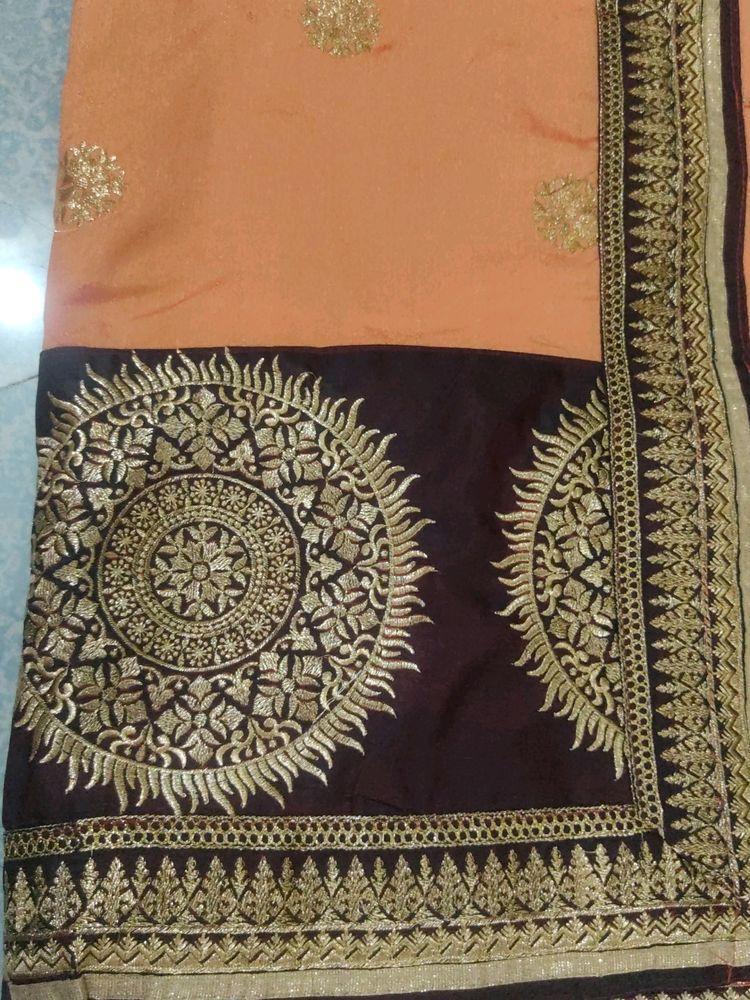 Heavy Embroidery Saree.... Peach And Brown Beautif
