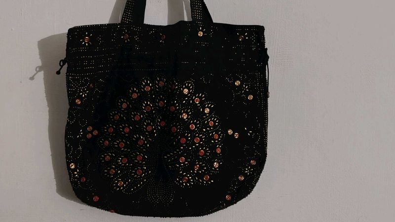 Royal Black Beaded Tote Bag