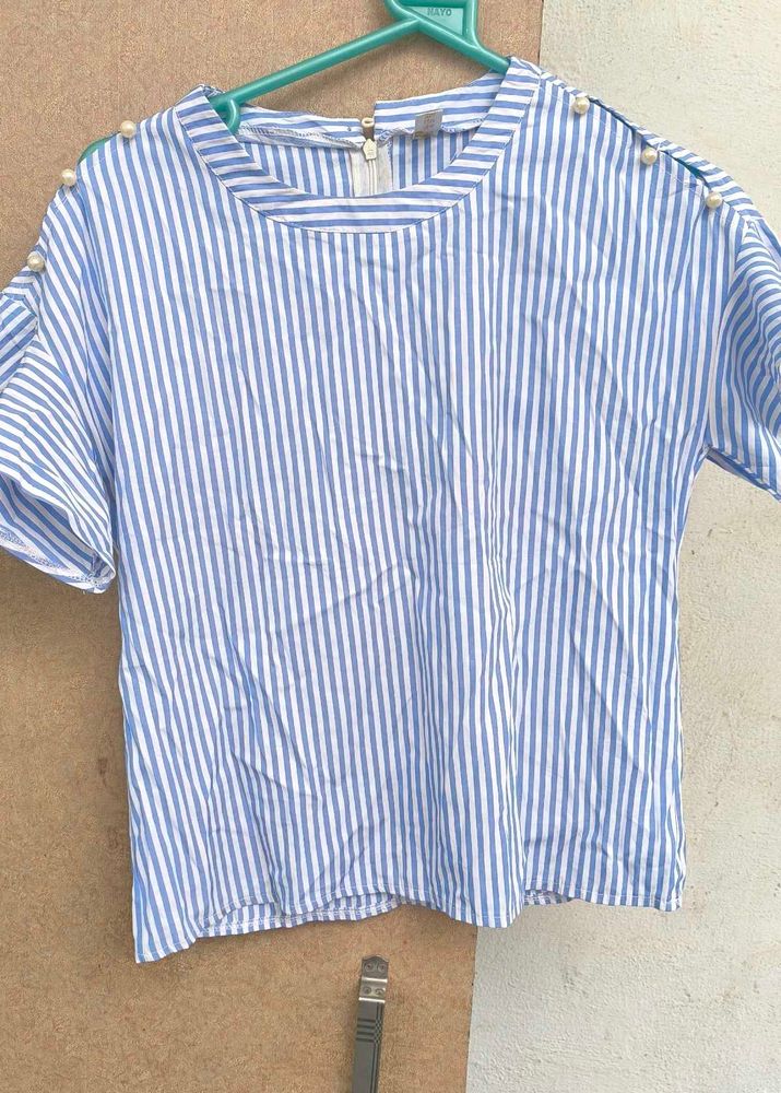 Korean Blue N White Striped Top with beads🤍