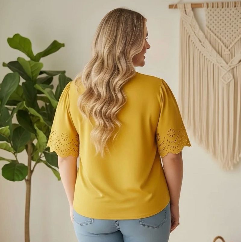 plus size V neck yellow cut out top