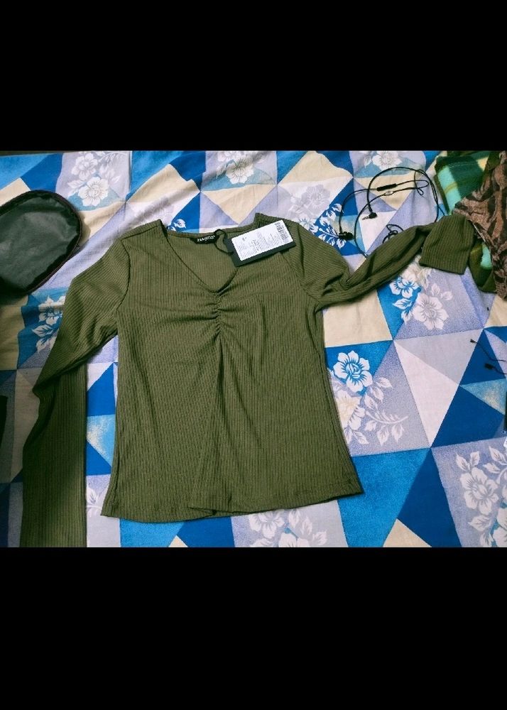 Olive Green V-Neck Top
