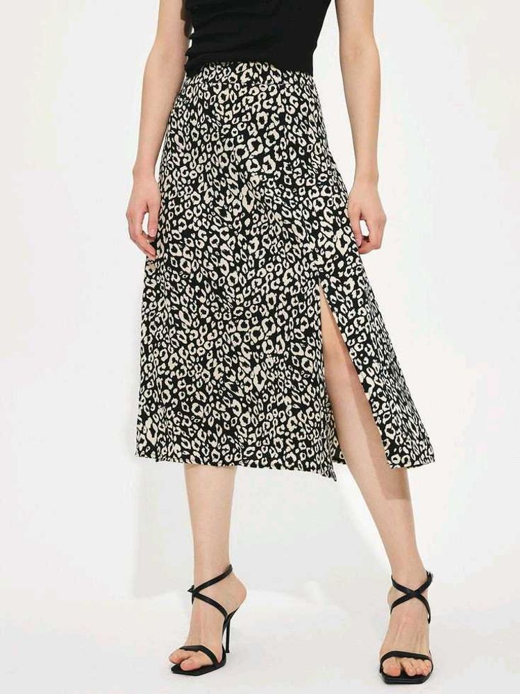 Animal Print Slit Midi Skirt
