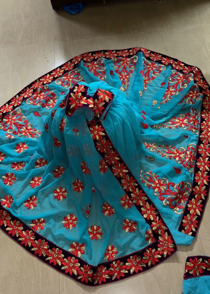 Elegant Blue Embroidered  Beautiful Saree