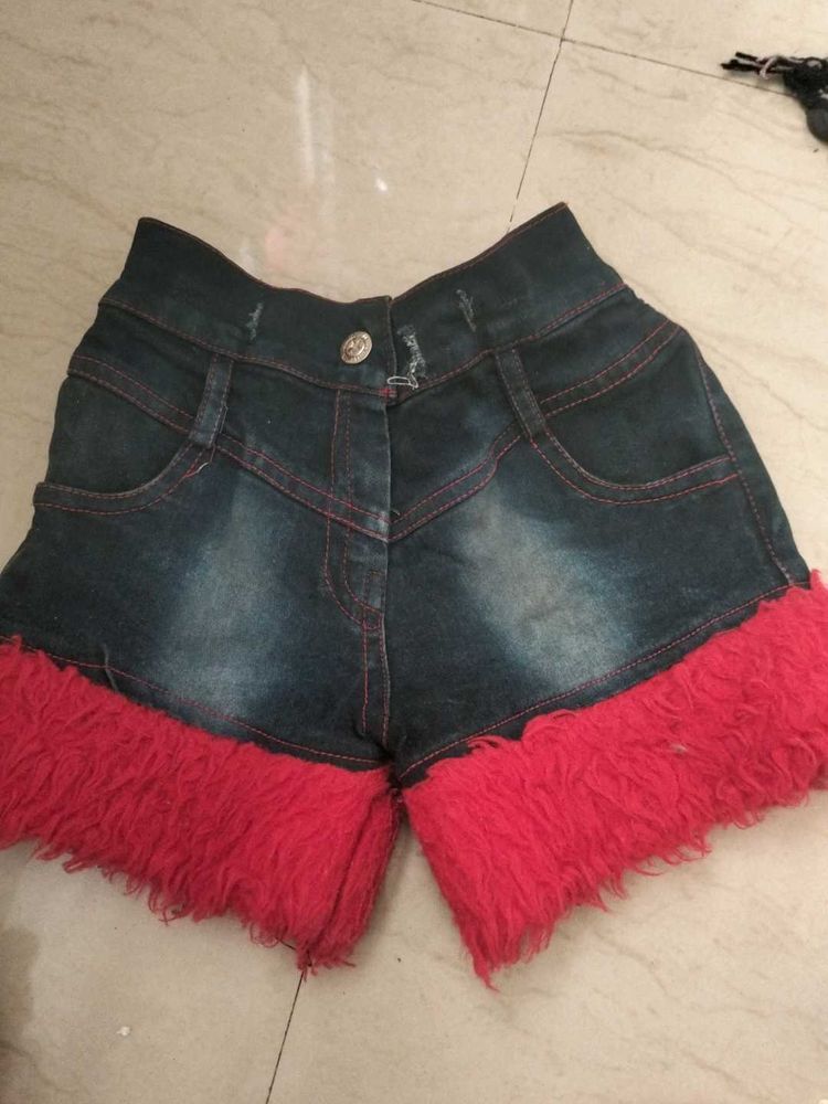 Denim Shorts with Fun Fur Trim