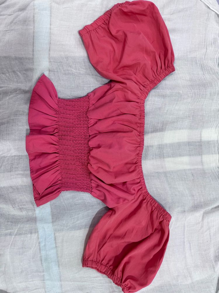 Coral Crop Top with Puff Sleeves