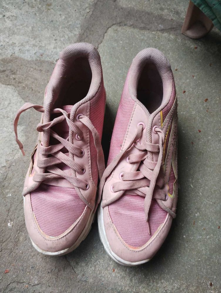 Pink And White Casual Sneakers With Slight Heels