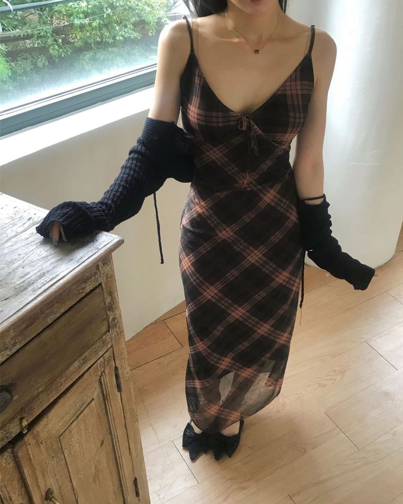 ! SIZE M! Aesthetic Checkered Plaid Slip Dres