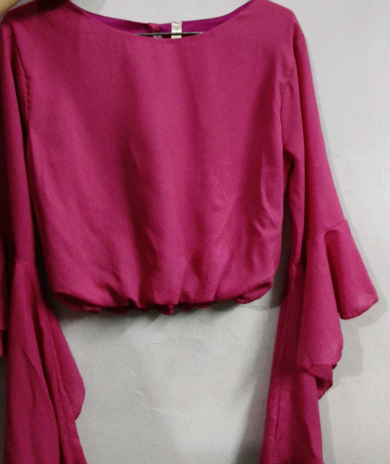 Bright Pink Flared Sleeve Crop Top..Slight Defect