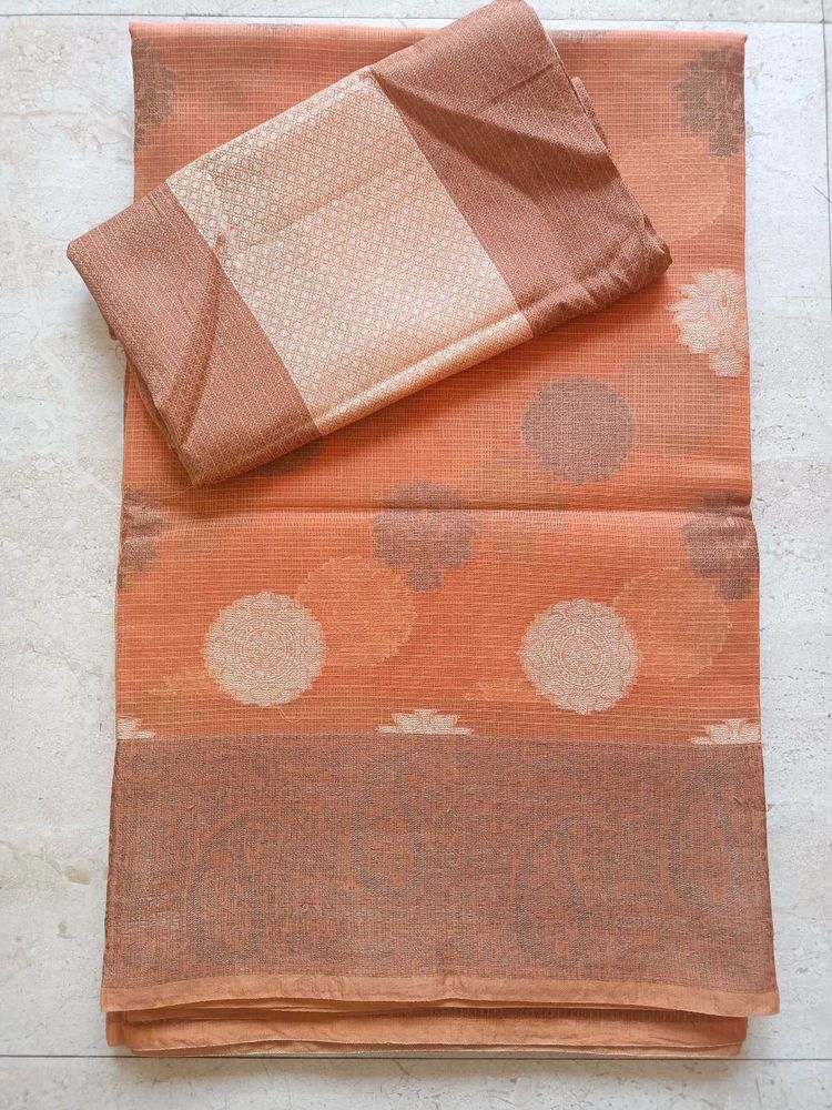 Peach Cotton Saree With Blouse Piece