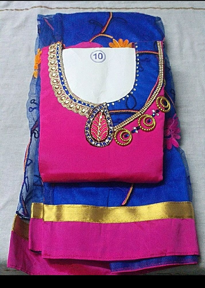 Blue with Pink Pattu Pavadai Set