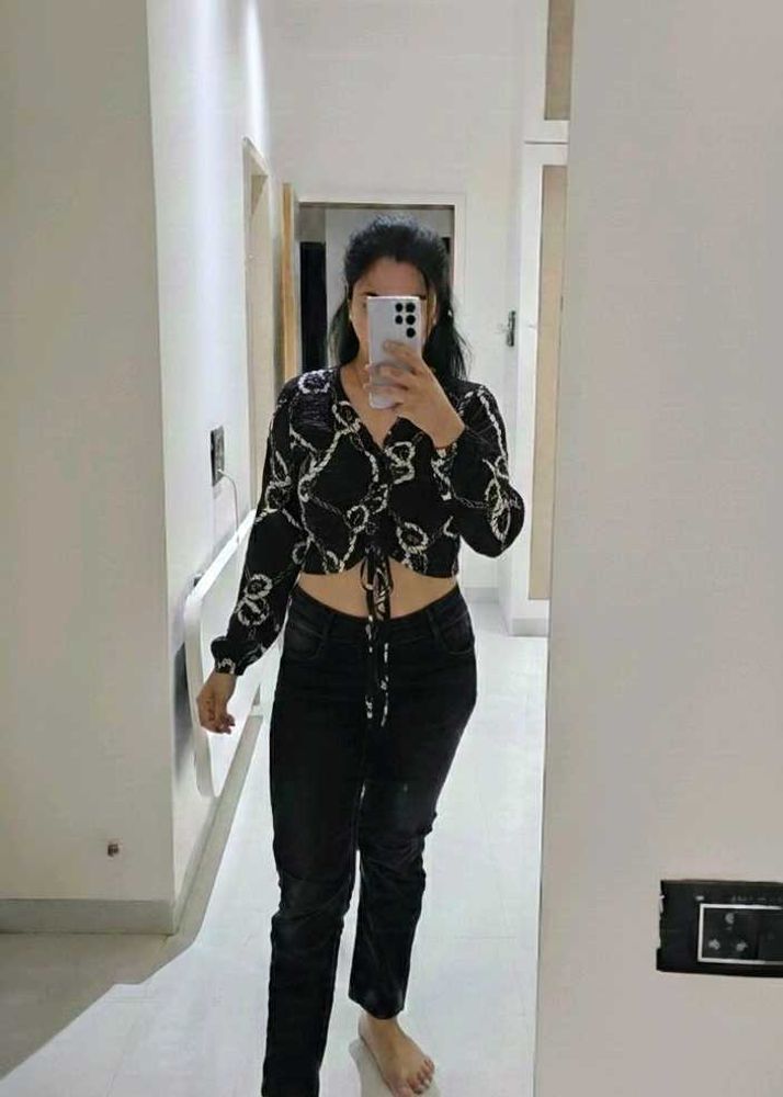 Patterned Tie-Front Crop Top