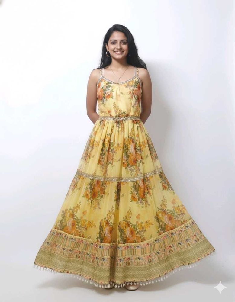 Floral Print Party Wear Yellow Ethnic Dress