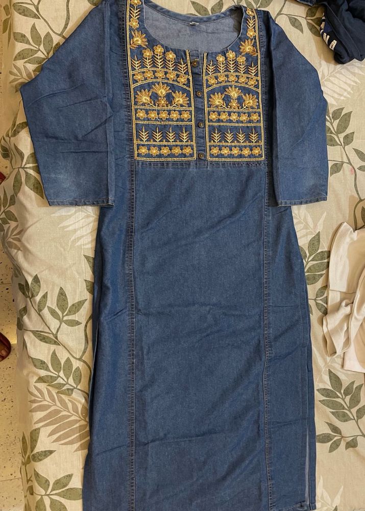 Neck Embroided Denim Cotton Kurti
