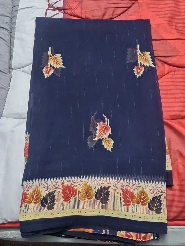 Dark Blue And Orange Red Floral Saree