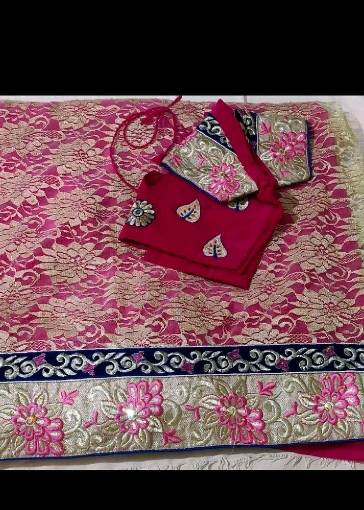 Pink Net+Chiffon Sari With Blouse