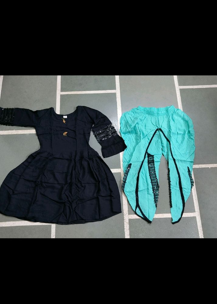 Black Anarkali Kurti with Turquoise Tulip Pants