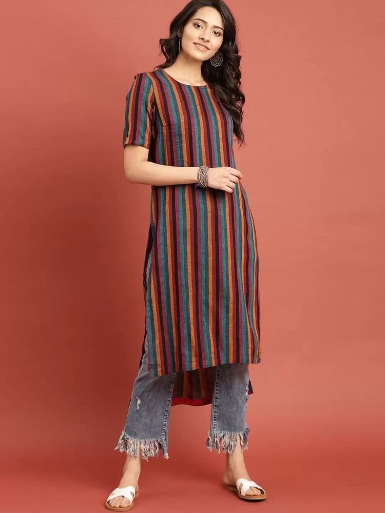 Taavi Striped Woven Straight High-low Kurta