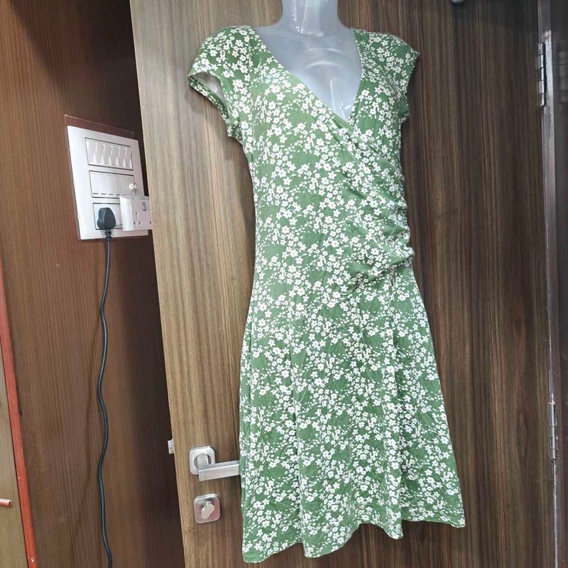 Green Floral Print Wrap Dress