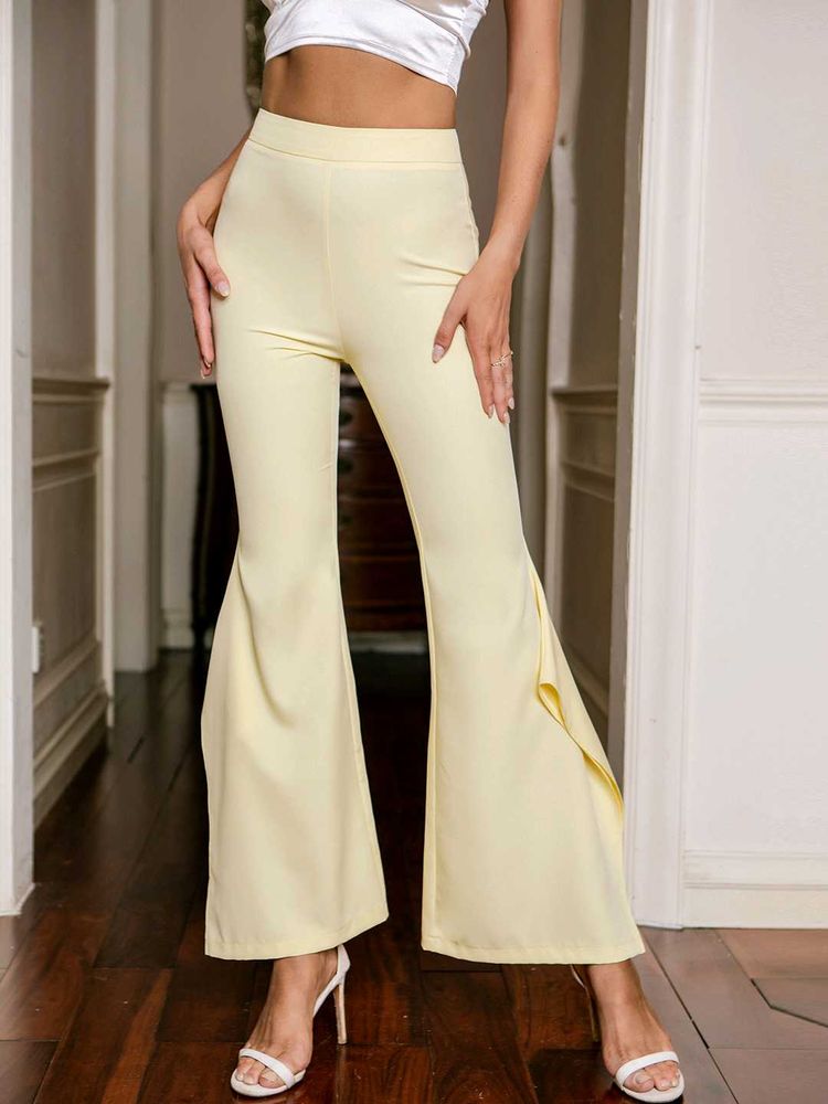 Yellow Ruffle Hem Flare Pants