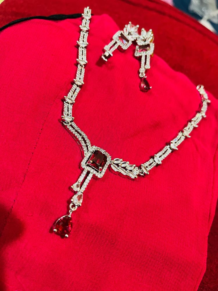 American Diamond Red &amp; Silver JewelrySet NewWdtag