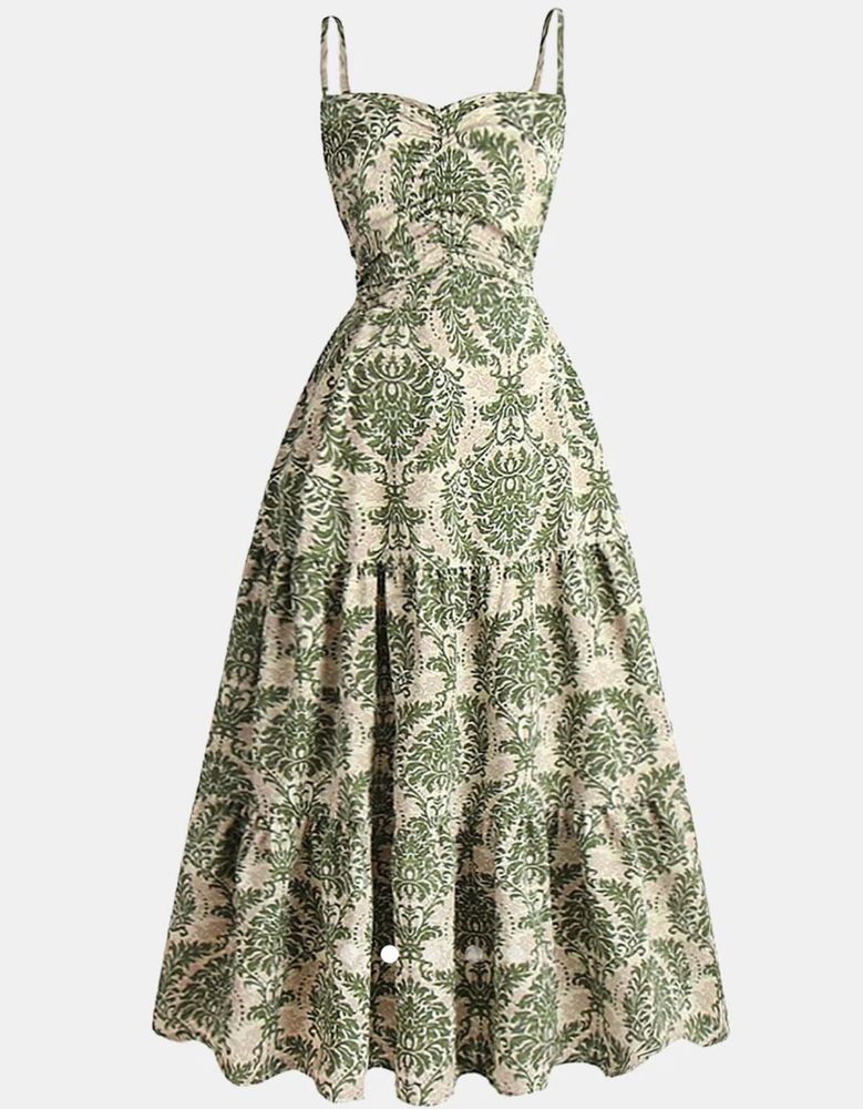 Green &amp; Beige Damask Tiered Maxi Dress Backless
