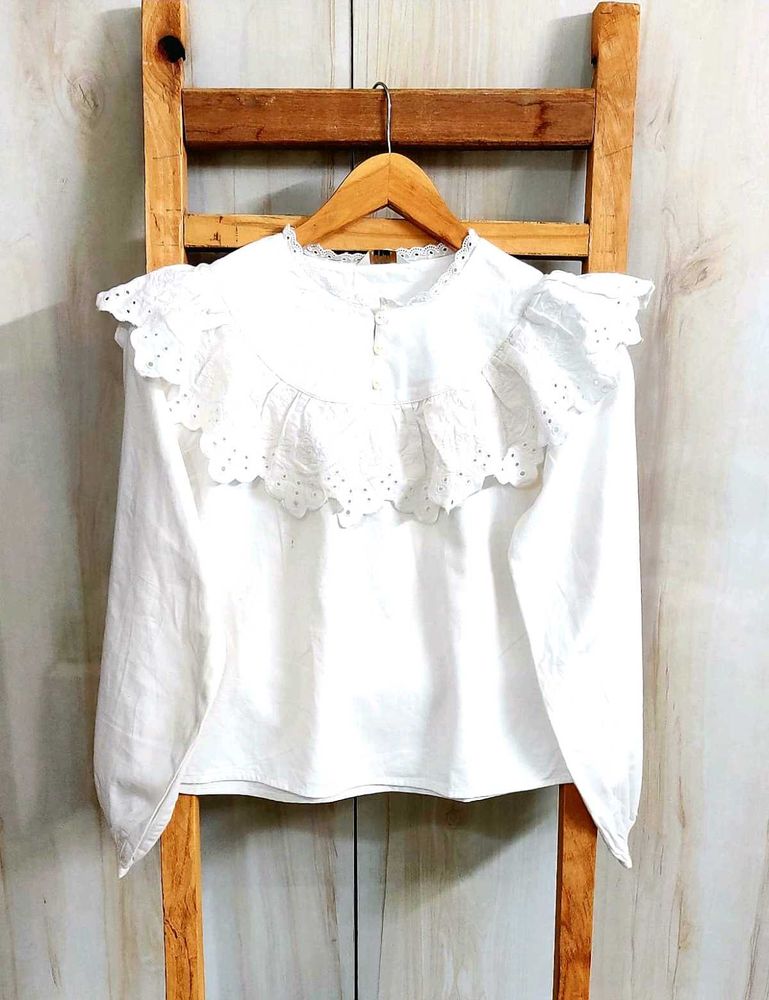 White Frill Design Cotton Top Size-38