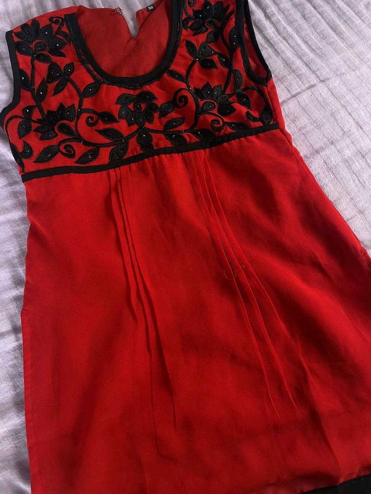 Red Kurta with Floral Embroidery