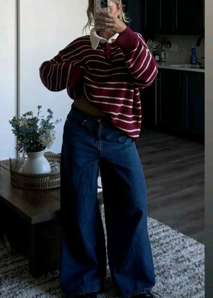 neavy blue Wide Leg Denim Jeans