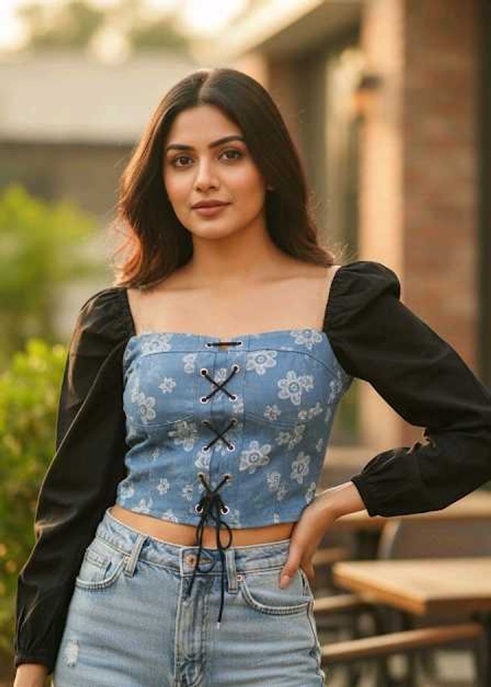 Korean Floral Denim Lace-up Corset Top