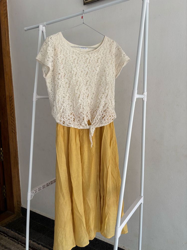 Lace Top &amp; Mustard Midi Skirt Set