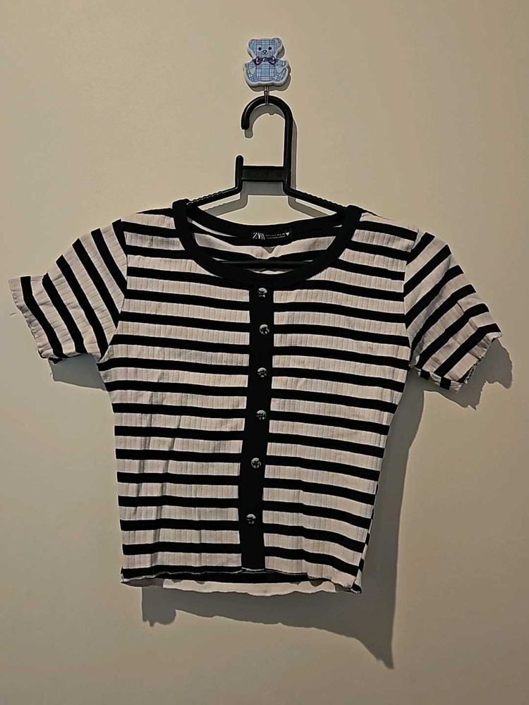 ZARA Black And White Striped Ribbed Top
