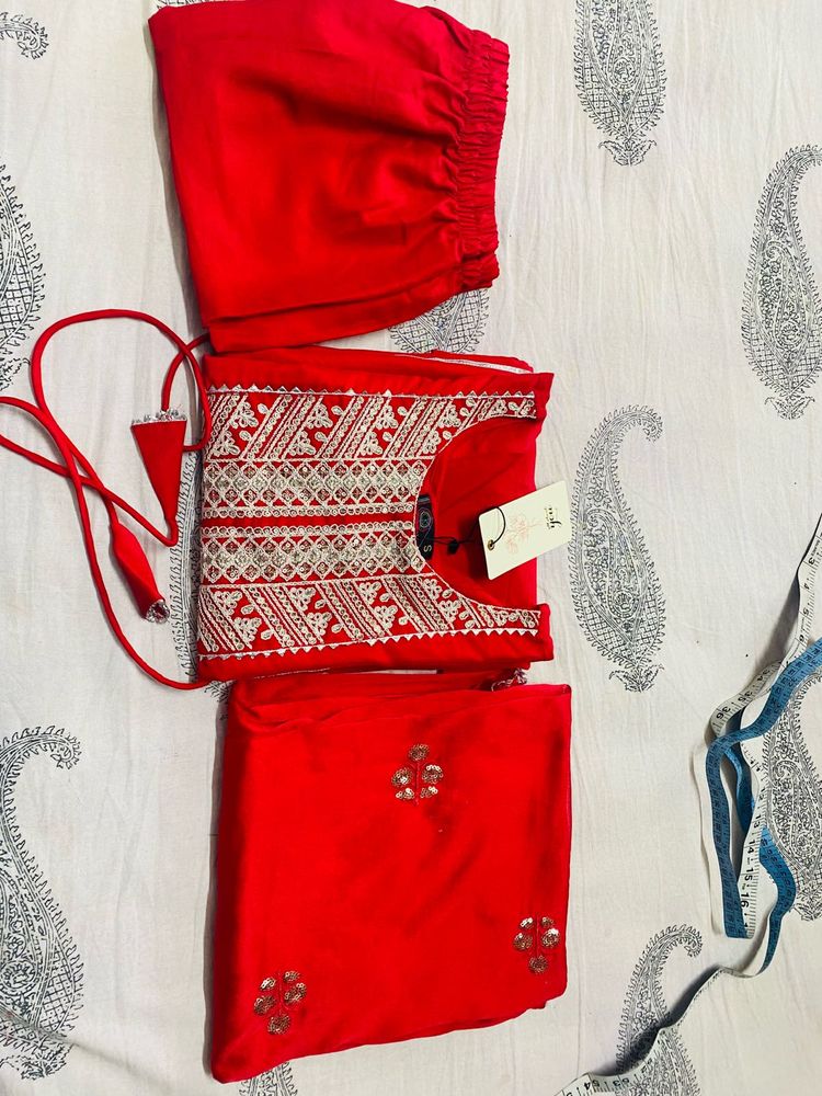 Red Embroidered Kurta Set