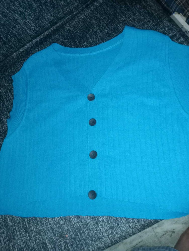 Blue Knit Button-Up Top