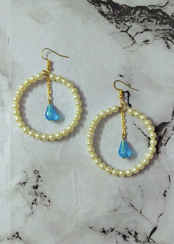 Pearl Hoop Earrings with Blue Accent