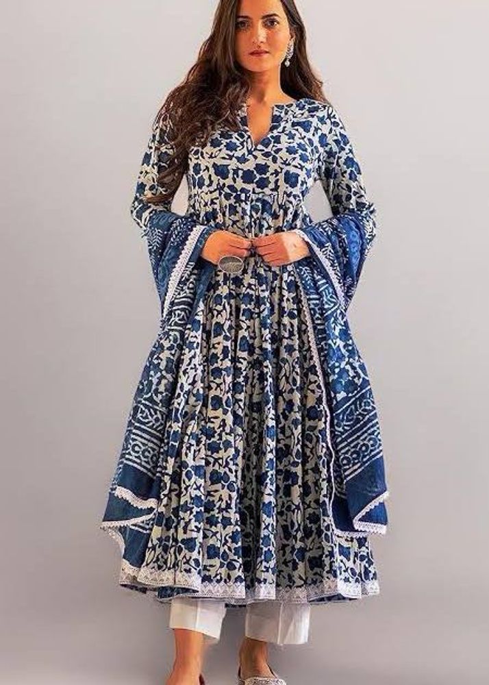 Blue Floral Anarkali Suit With Pants And Dupatta