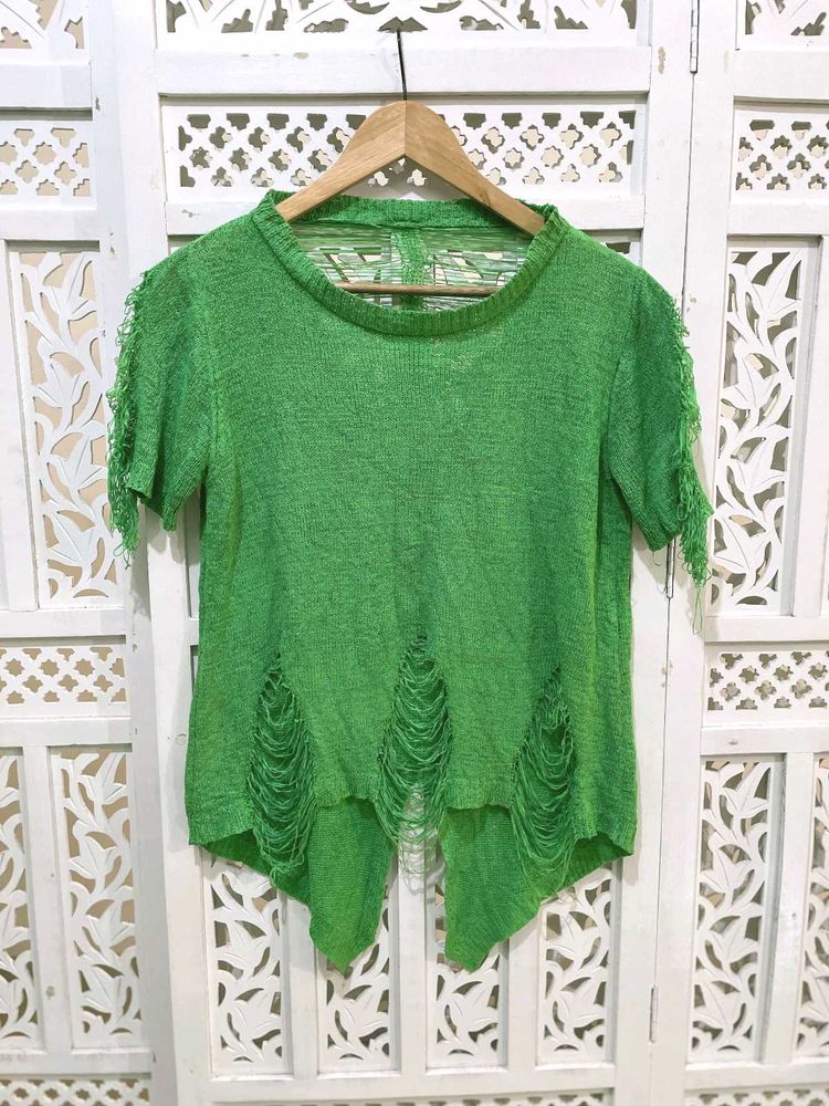 Trendy Green Distressed Knit Top B