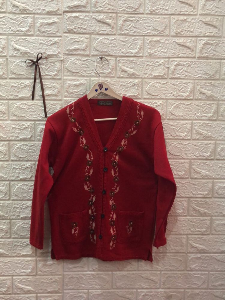 Red Embroidered Cardigan