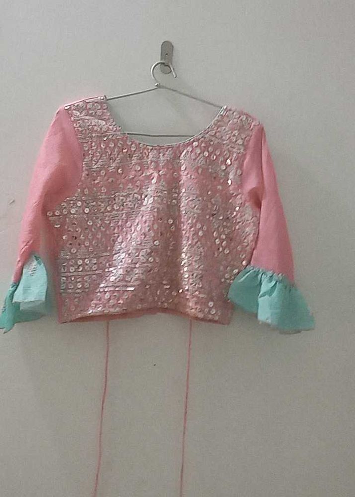 Green And Pink Crop Top Lehenga Choli