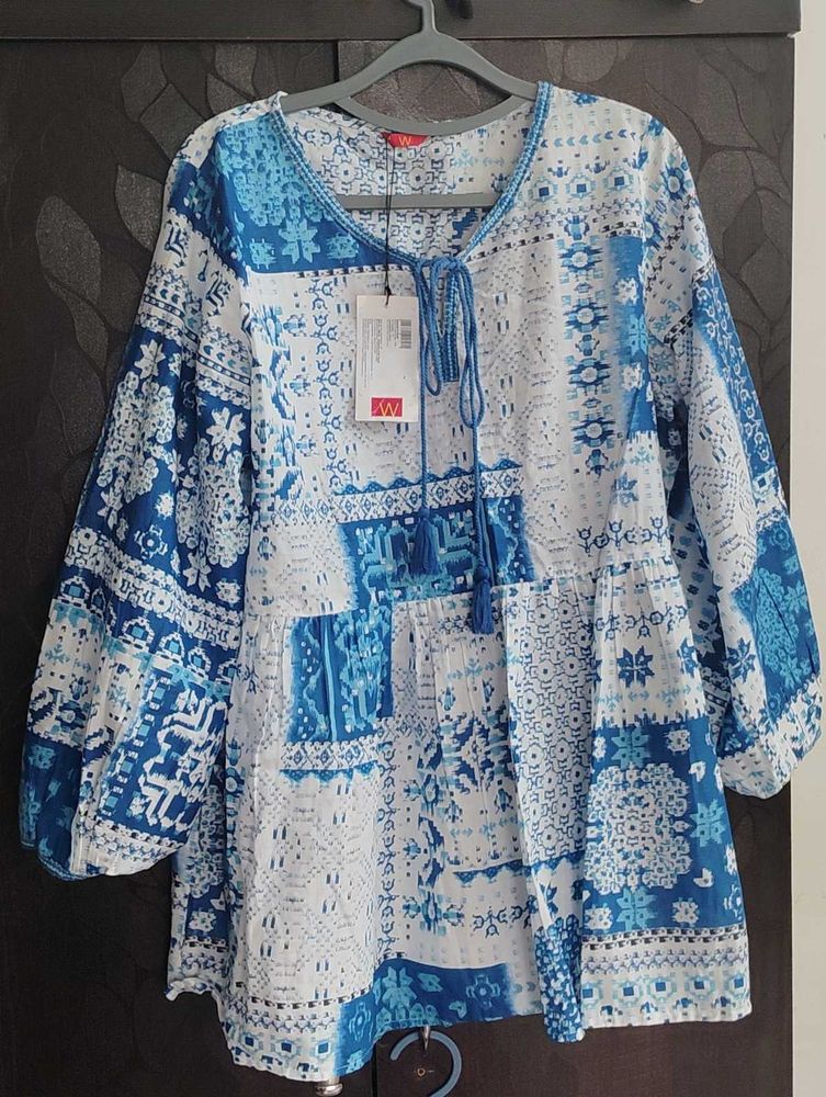 Blue &amp; White Tie Neck Top