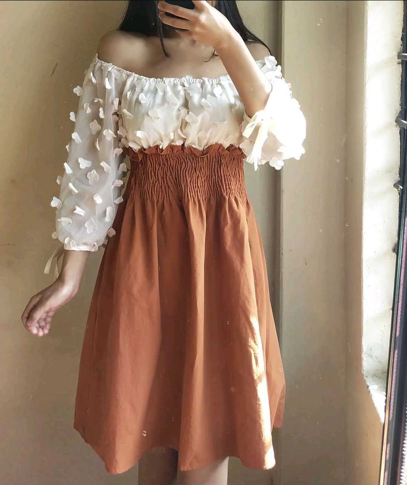 Off-Shoulder Dress with Floral Sleeve Detail
