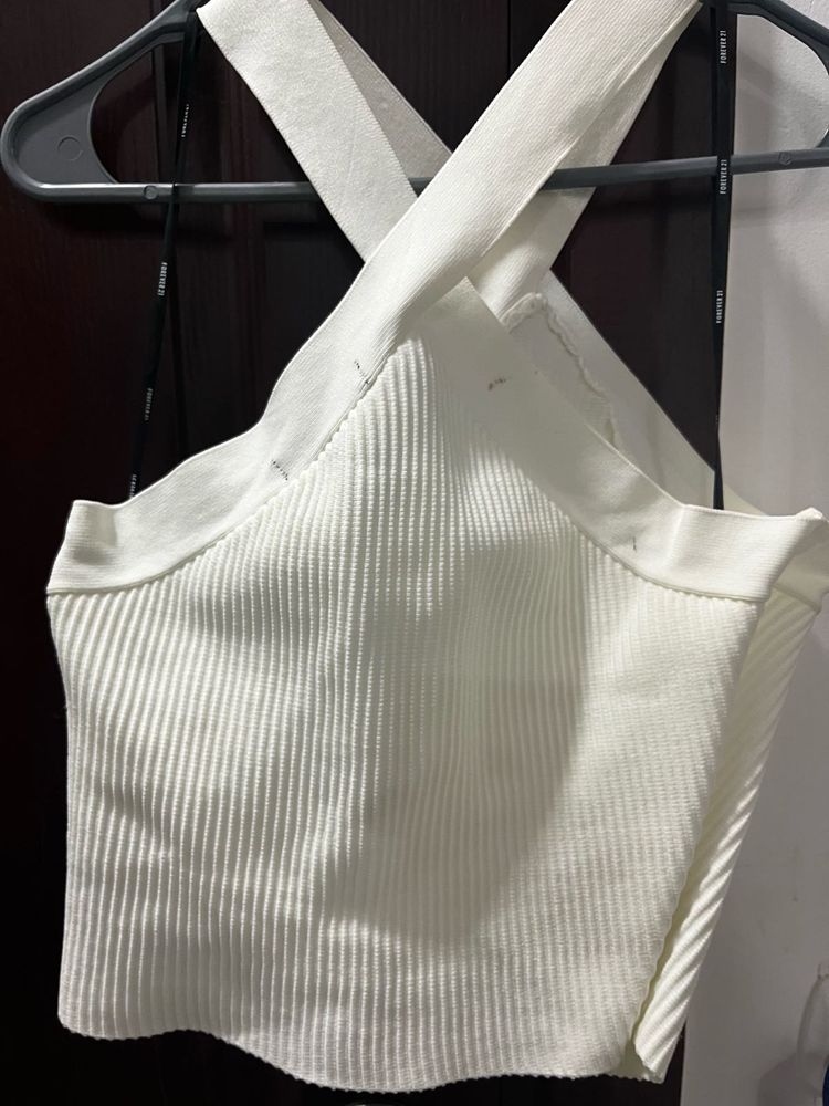 White Crossed Halter Crop Top