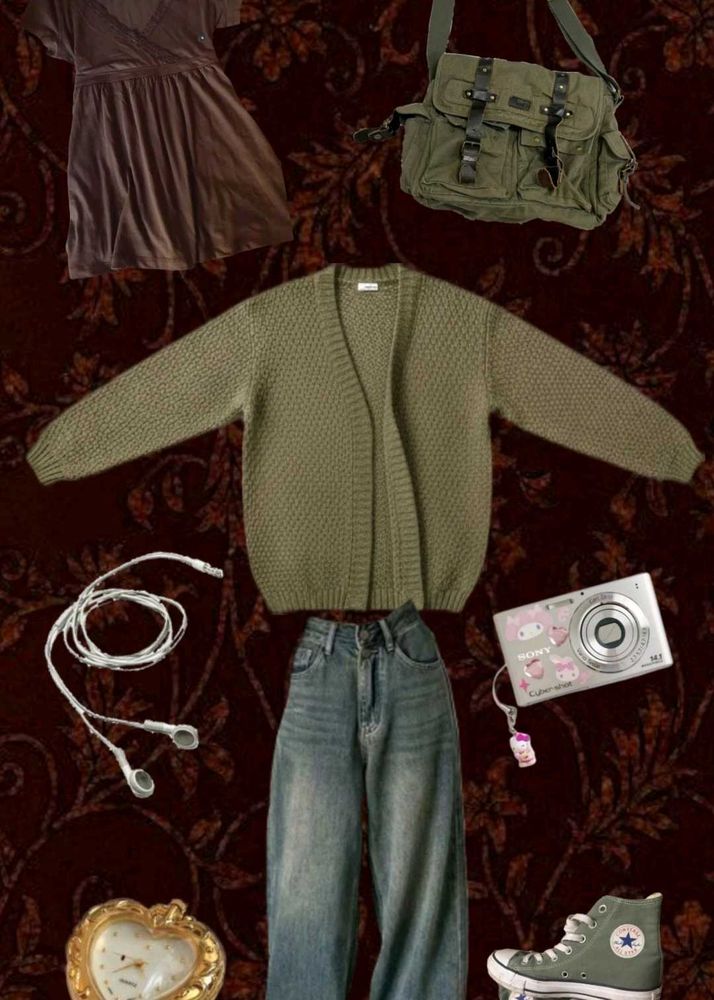 whimsical olive green Knit Cardigan🍀🍃💚🐸🐢