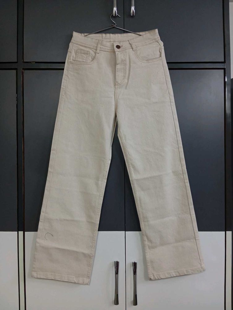 Wide Leg Beige Denim Jeans