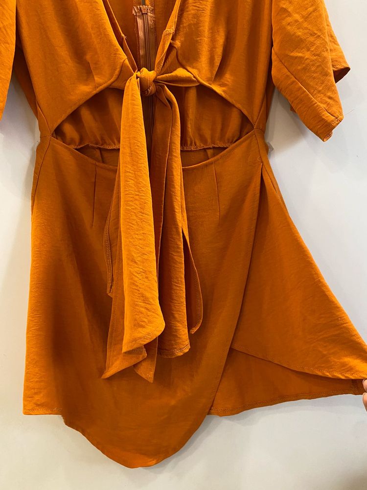 Burnt Orange Front-Tie Tunic Dress