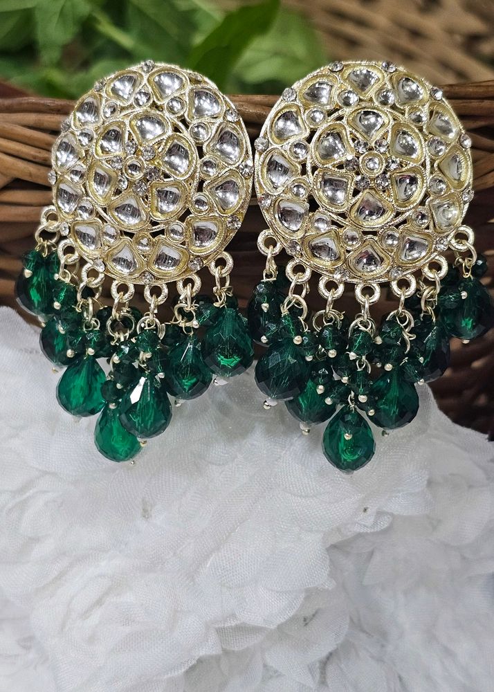 Golden Kundan With Green Beads Earrings