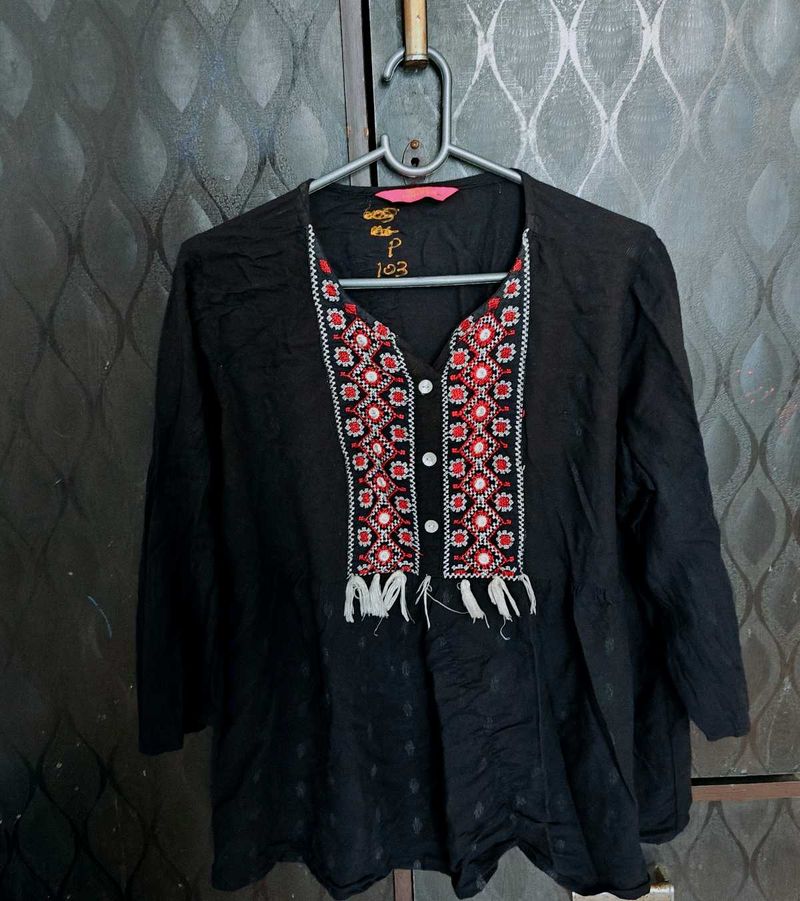 Black Cotton Embroidered Kurti