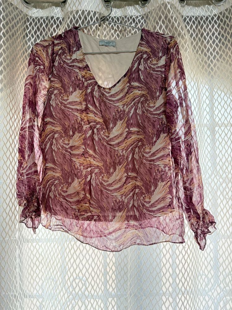 Abstract Print Sheer Long Sleeve Top