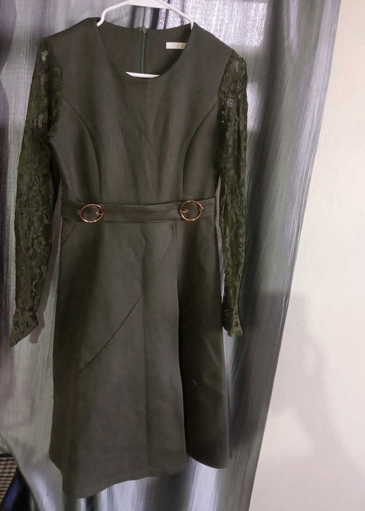 Elegant Olive Green Lace Dress
