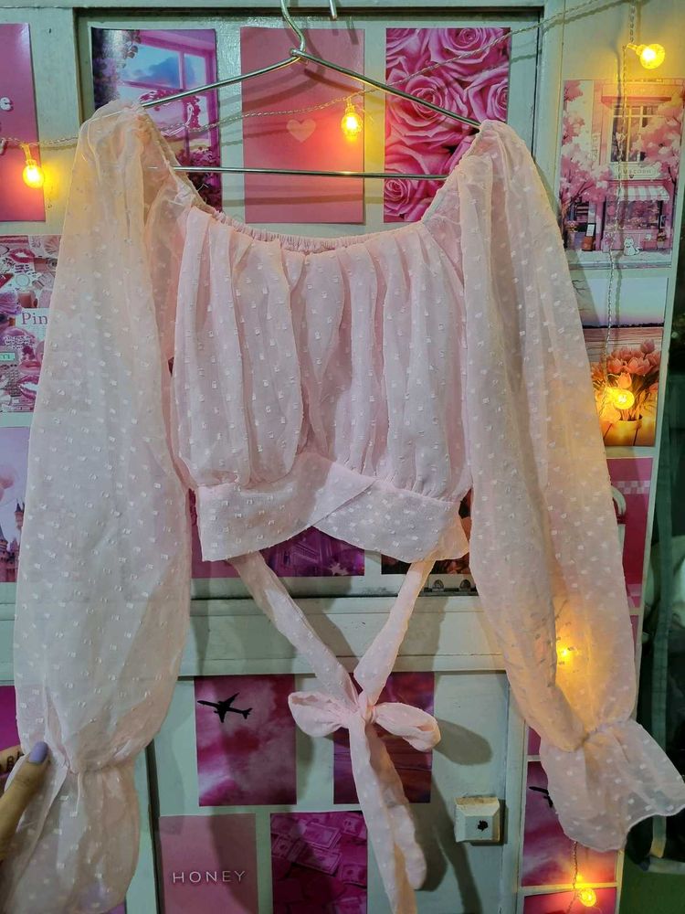Pink Sheer Crop Top With Waist Ribbon