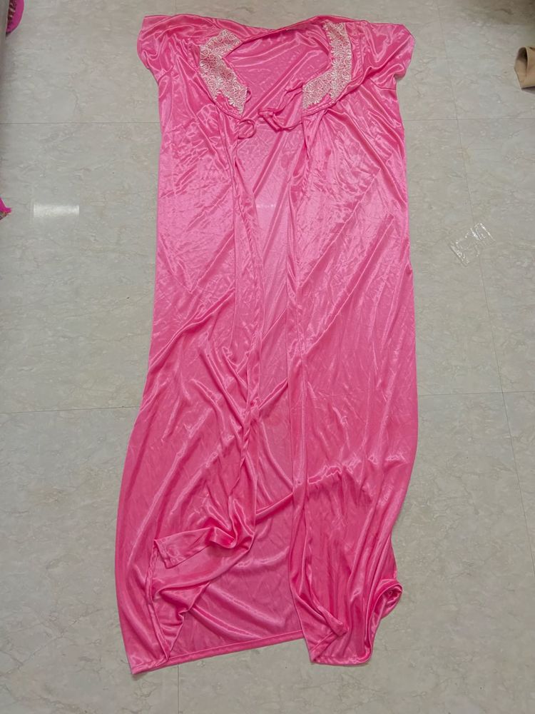 Pink Satin Kaftan Nightgown with Lace Detail